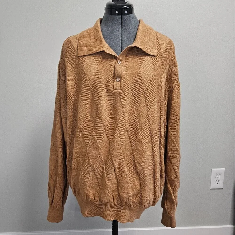 Harry Vardon Textured Collared Golf Sweater Men's XL Eclectic Grandpacore Tan